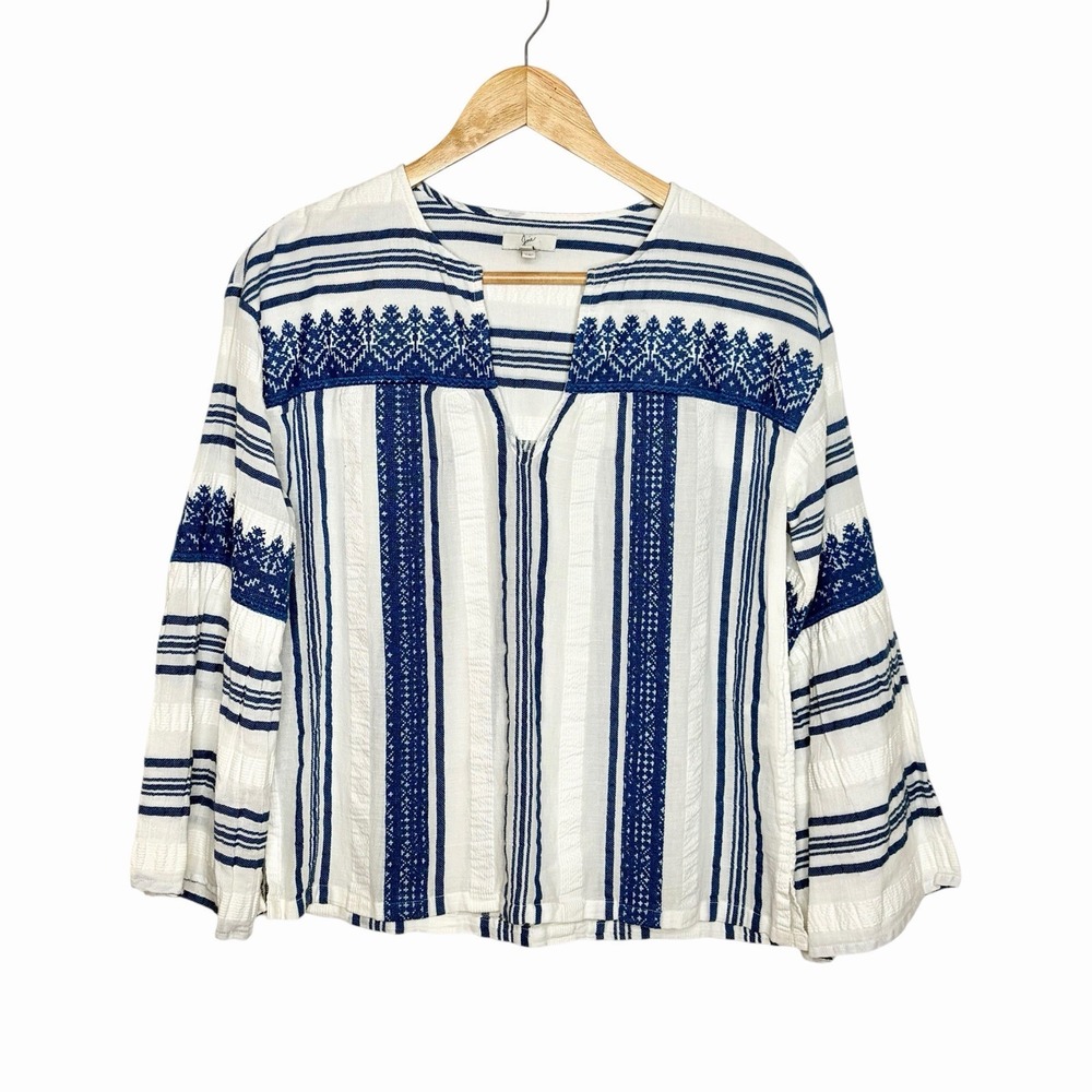 Joie Embroidered Striped Top Blue White Womens XS Boho Coastal Peasant Blouse